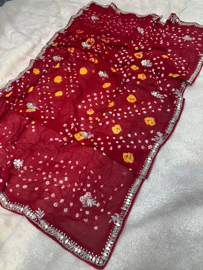 Hand Bandhej Chundri Dupatta in Viscos Georgette Fabric with Kundan Patti Resham Moti Work