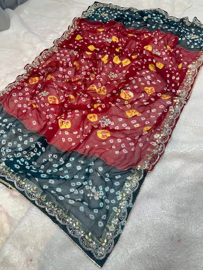 Hand Bandhej Chundri Dupatta in Viscos Georgette with Tie Dye Colour, Kundan Patti & Resham Moti Work