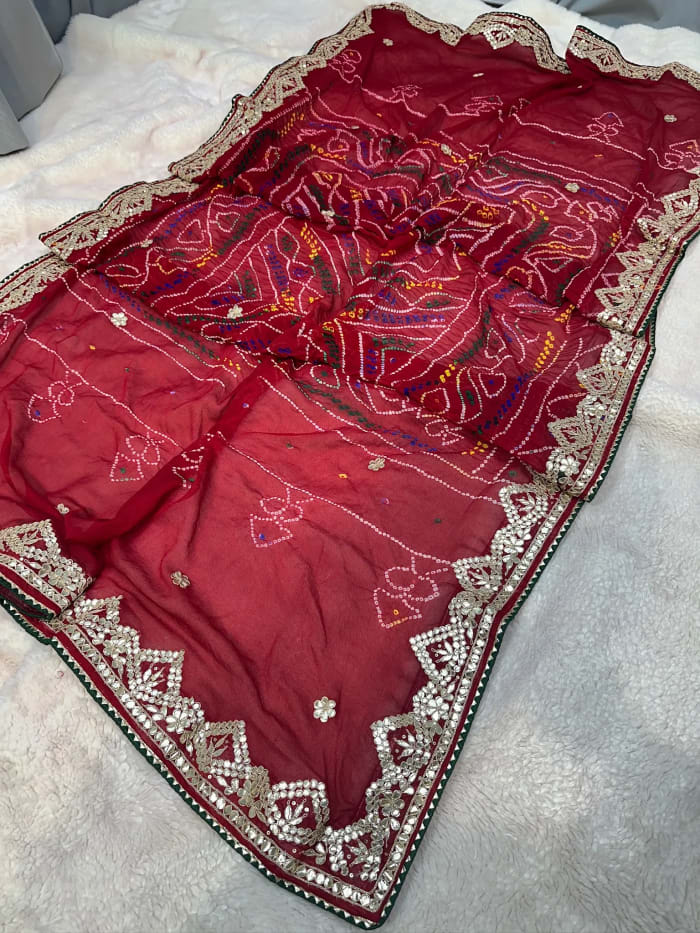 Hand Bandhej Chundri Dupatta in Pure Ojariya Crepe Fabric with Handmade Zero Gota Patti Kasyap Work