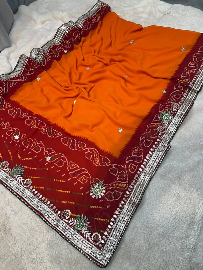 Bandhej Pilla Saree in Georgette Fabric with Gotta Patti Kundan Work