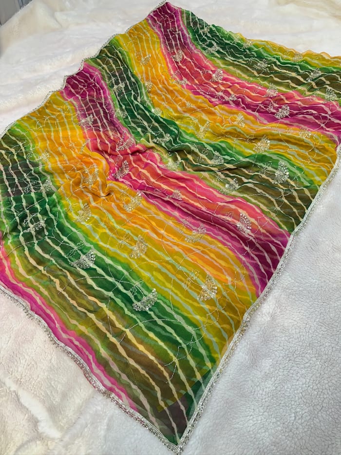 Lehriya Saree in Georgette Fabric with Multi Shade Colour and Pitton Zari Work