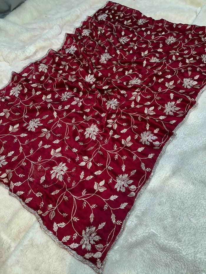 Chinon Crepe Saree with Zari Embroidery Zaal and Diamond Stone Work