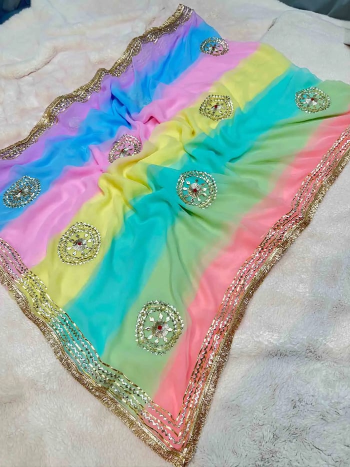 Lehriya Saree in Art Chiffon Fabric with Handmade Kacha Gotta Work