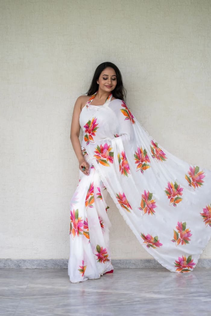 Digital Flower Print Saree in Chinon Chiffon Fabric with Kundan Moti Diamond Work