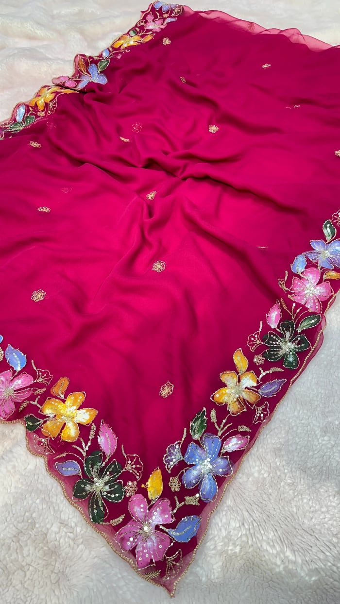 Georgette Saree with Embossed Flower Design and Aari Sequins Work