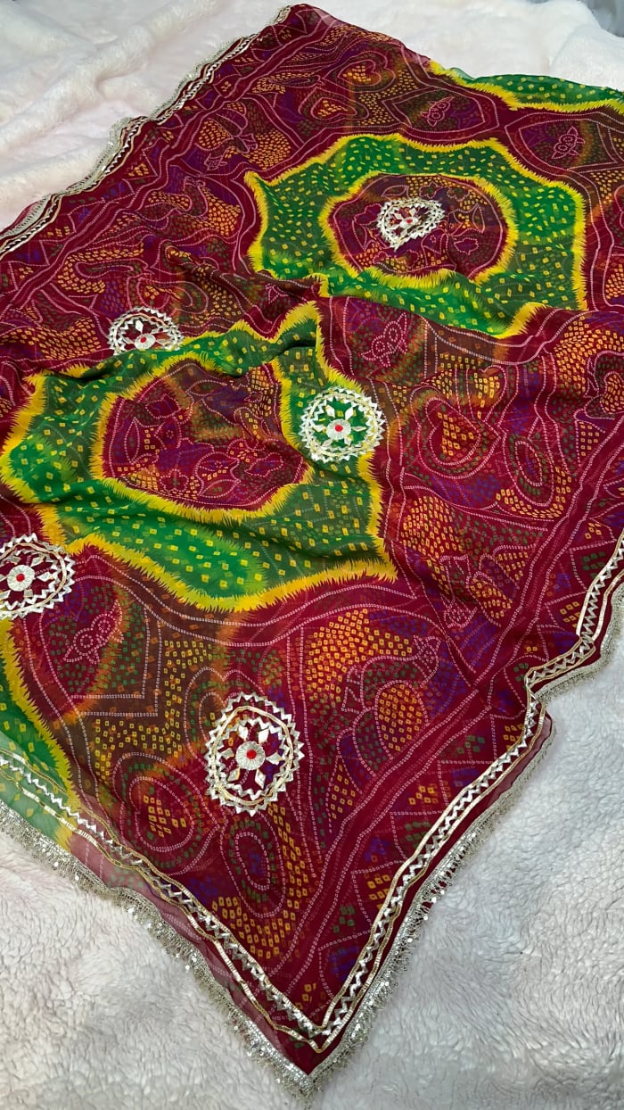 Chundri Saree in Chiffon Fabric with Handmade Kaccha Gotta Work and Fancy Border