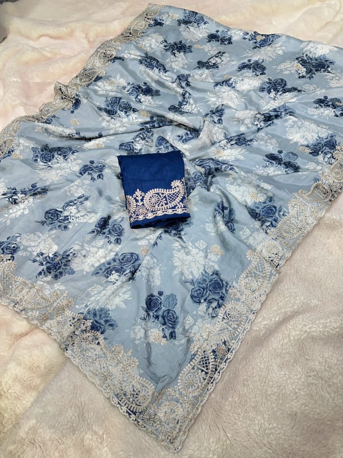 Dola Silk Saree with Digital Print, Pitton Zari & Sequence Work