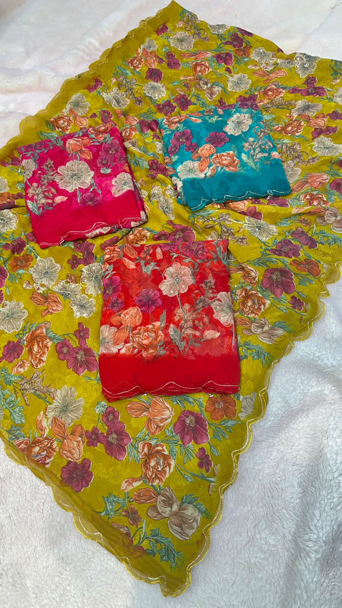 Digital Floral Print Georgette Saree with Resham Pitta Mirror Work for Women