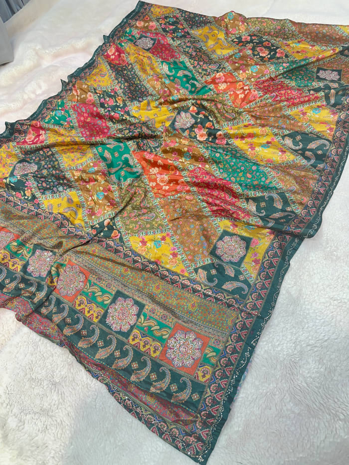 Digital Heritage Flower Print Saree in Chinon Silk with Rhinestone Work