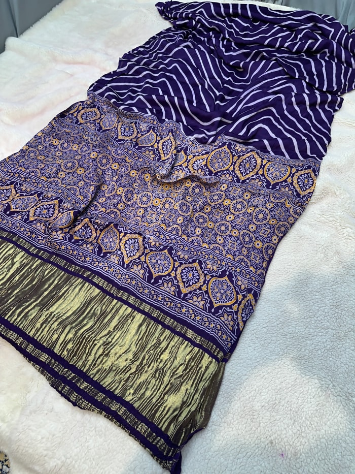 Lehariya Modal Silk Saree with Gaji Patta Border and Ajrak Print for Women