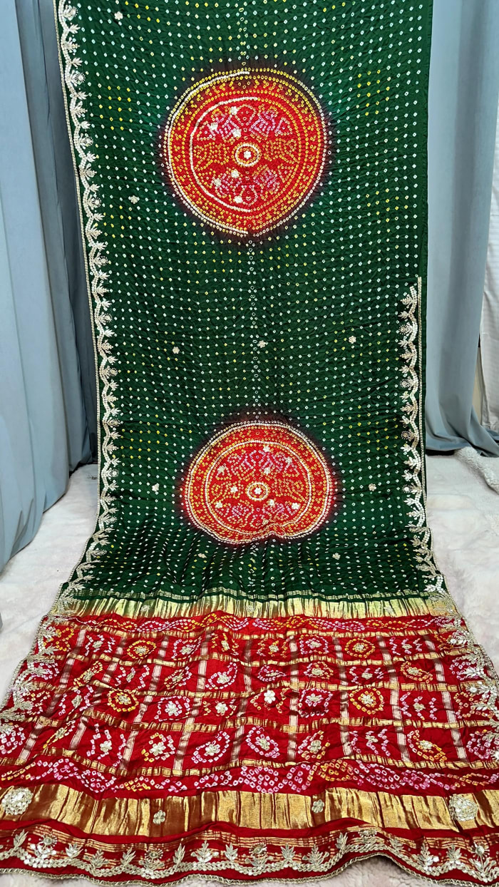 Semi Gaji Silk Saree with Fabiyan Hand Bandhej and Zero Gotta Patti Work