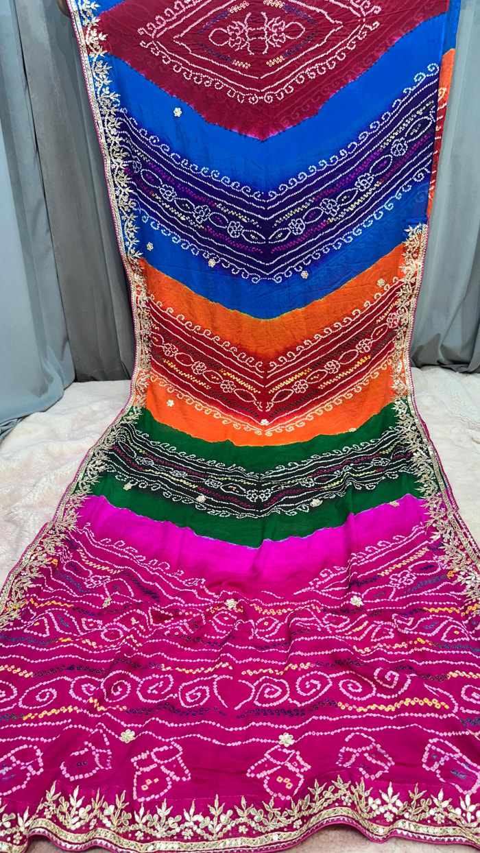 Pure Ojariya Crepe Saree in Multicolour with Rai Hand Bandhej & Gota Patti Work