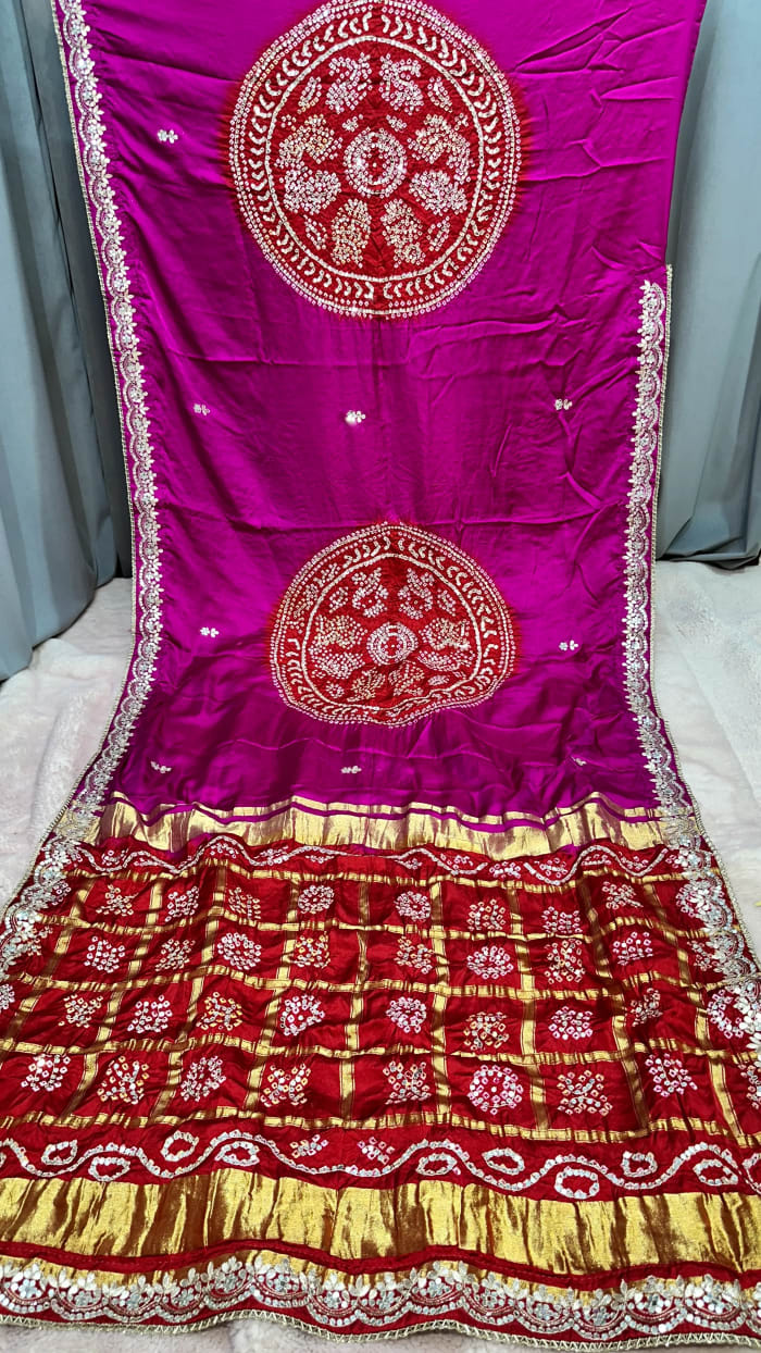 Semi Gaji Silk Saree with Fabiyan Hand Bandhej, Aari Sequence & Mirror Work