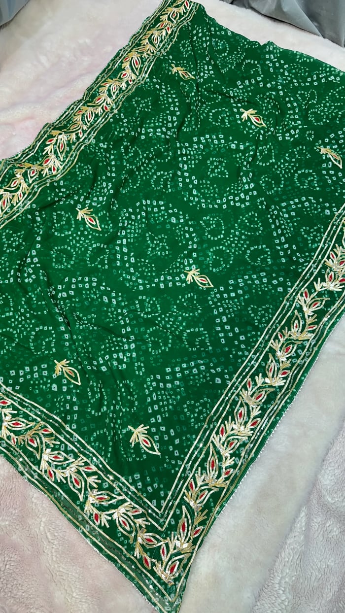Jaipuri Bandhej Saree with Handcrafted Kaccha Gota Patti Work