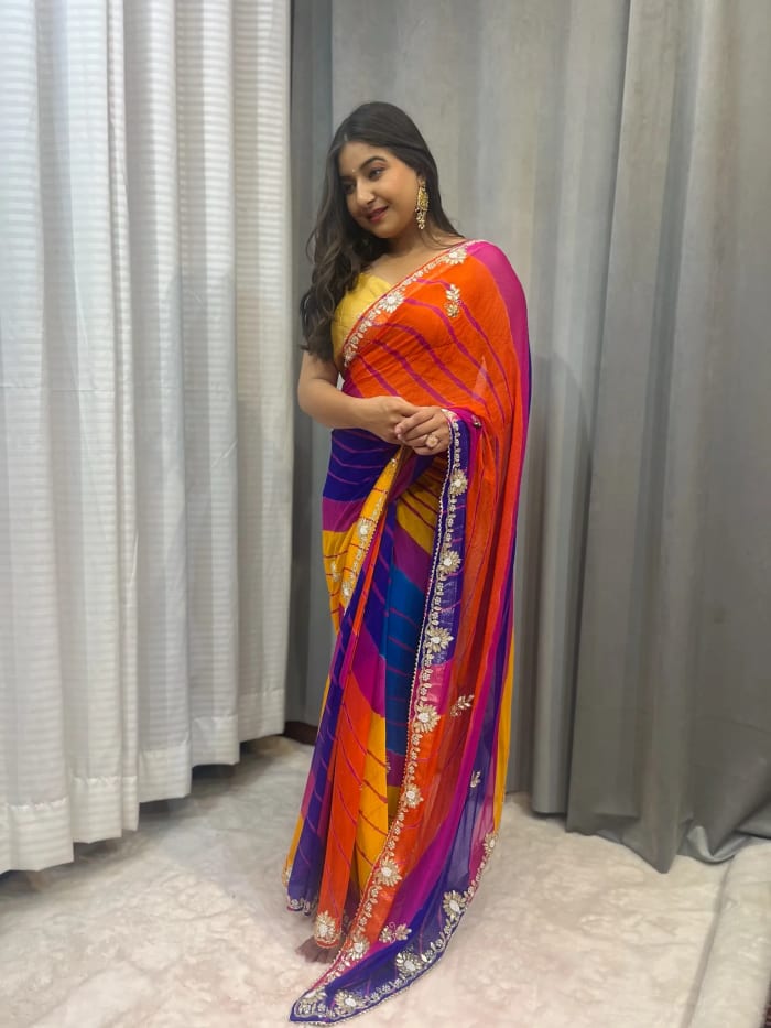 Premium Chiffon Fabric Leheriya Saree Featuring Kundan Zardosi Work