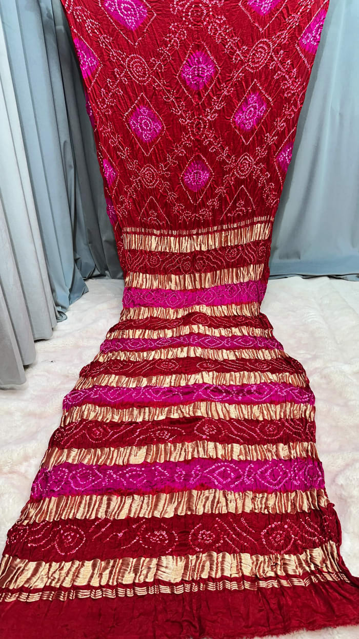 Pure Gaji Silk Plain Saree with Hand Bandhej and 10 Lakdi Patta Designs