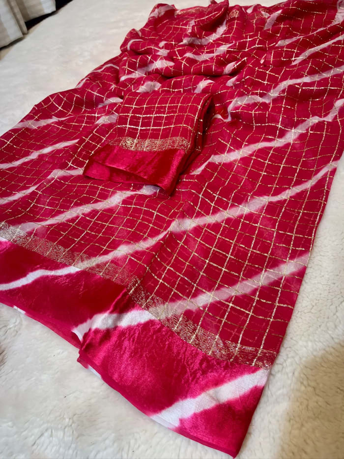 Chinon Chiffon Fabric Leheriya Saree with Elegant Zari Jaal Detailing