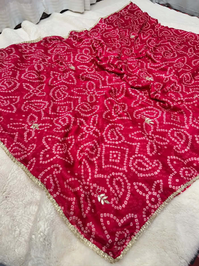 Georgette Fabric Bandhej Saree with Elegant Gota Less Buti Detailing