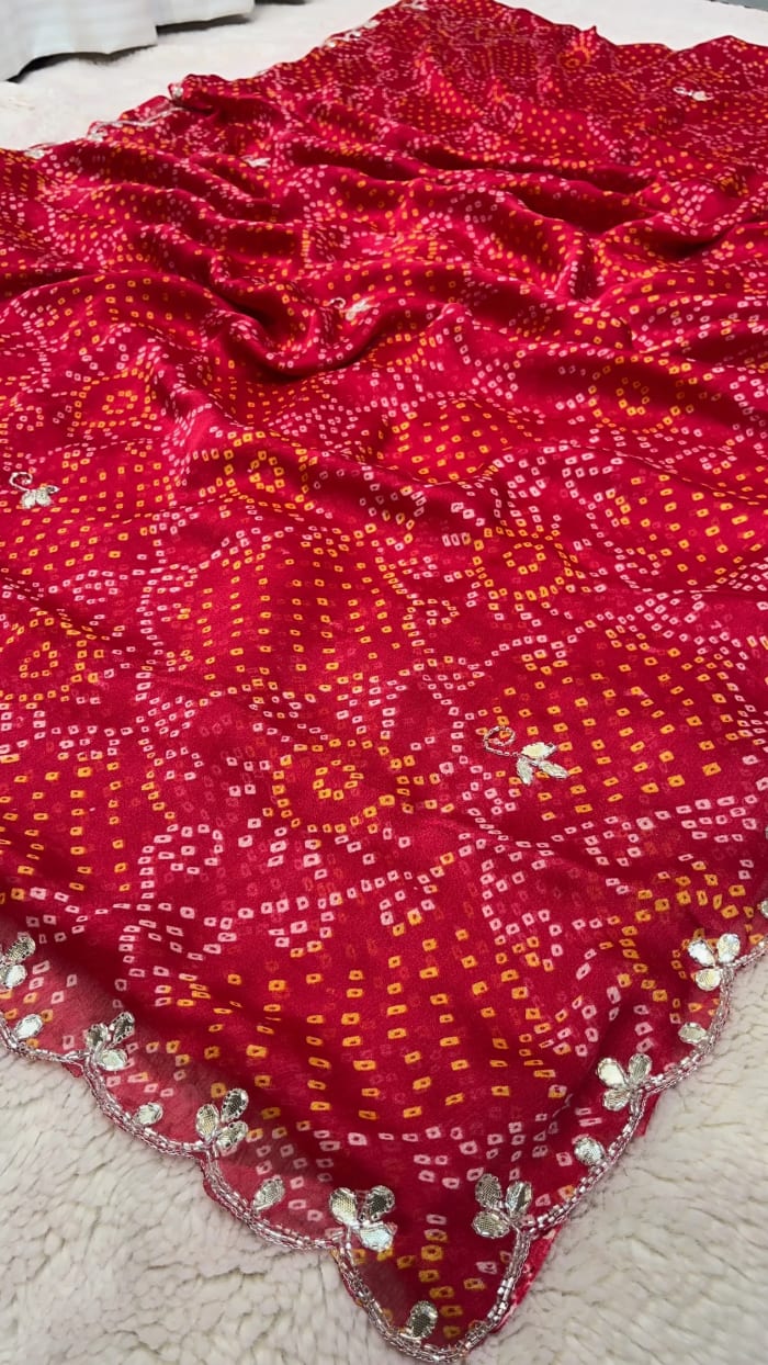 Elegant Bandhej Saree in Moss Chinon Crape Fabric with Handcrafted Kundan Buti Work – Designer Festive & Wedding Wear