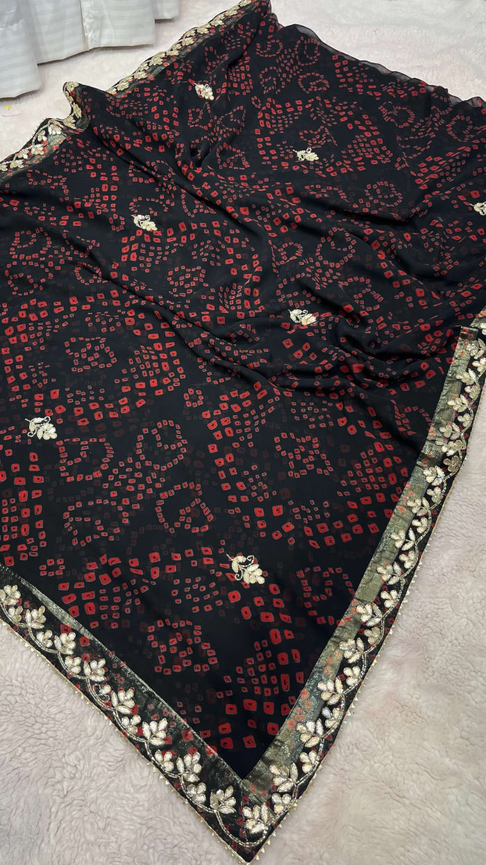 Premium Georgette Fabric Bandhej Saree Crafted with Kundan Patti Embellishment