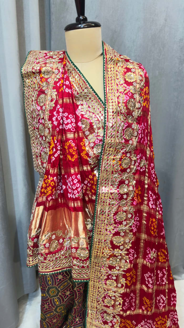 Pure Gaji Silk Fabric Hand Bandhej Dupatta With Handmade Gota Patti Kundan Zardozi Work