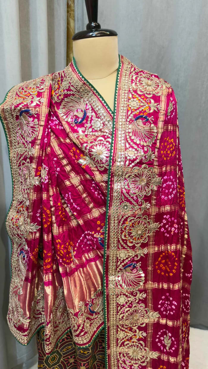 Elegant Pure Gaji Silk Fabric Dupatta with Handcrafted Gota Patti Kundan Zardozi Work