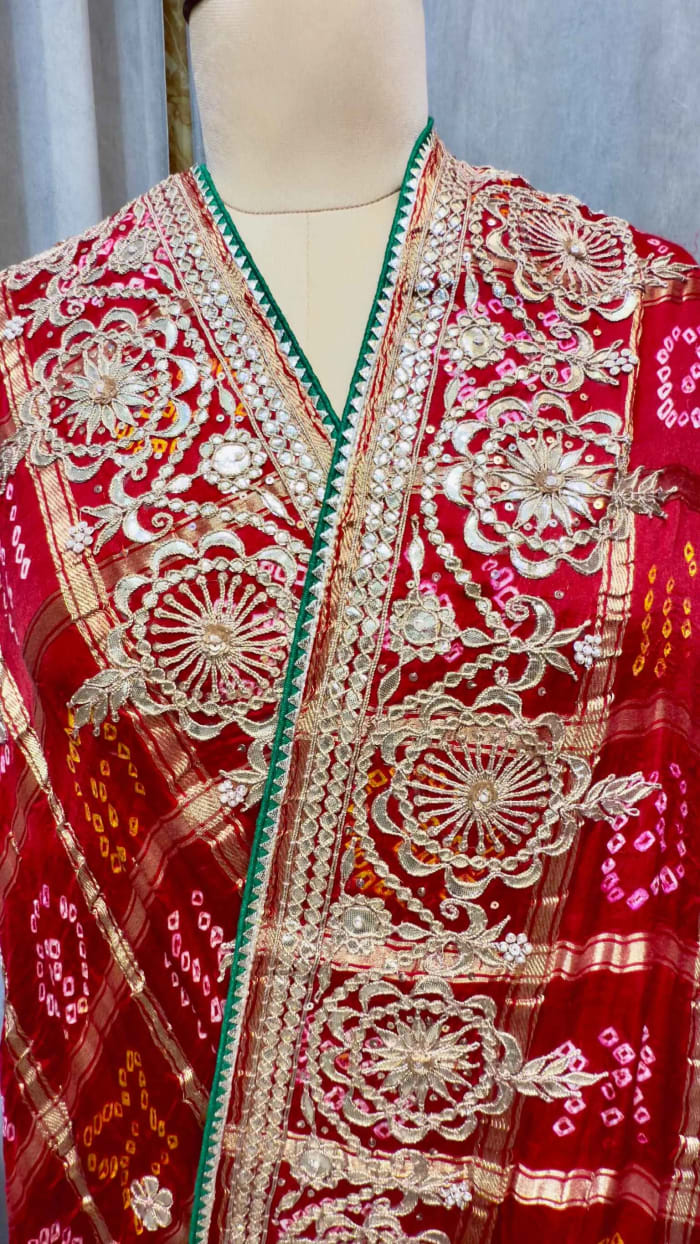 Pure Gaji Silk Fabric Ghatchola Handbandej Dupatta Gota Patti Zardozi Moti Work