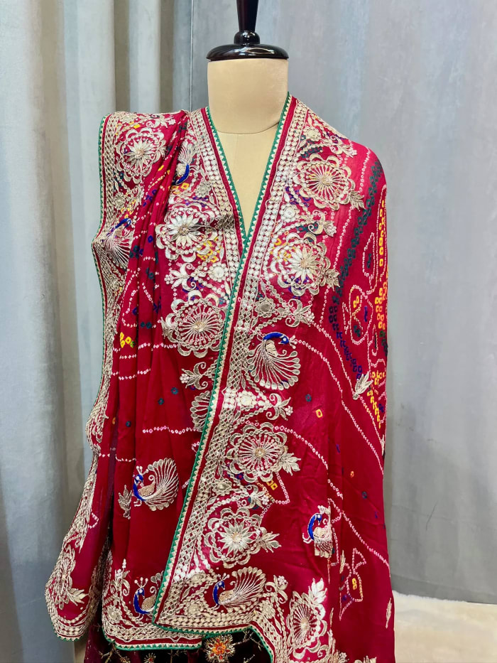 Pure Ojariya Fabric Hand Bandhej Dupatta with Handmade Gota Patti Kundan Zardozi Work