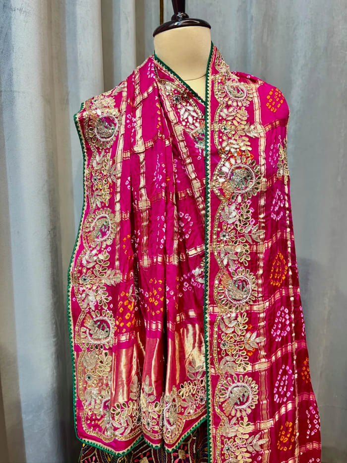 Designer Pure Gaji Fabric Dupatta with Handcrafted Kundan Patti Zardosi Work