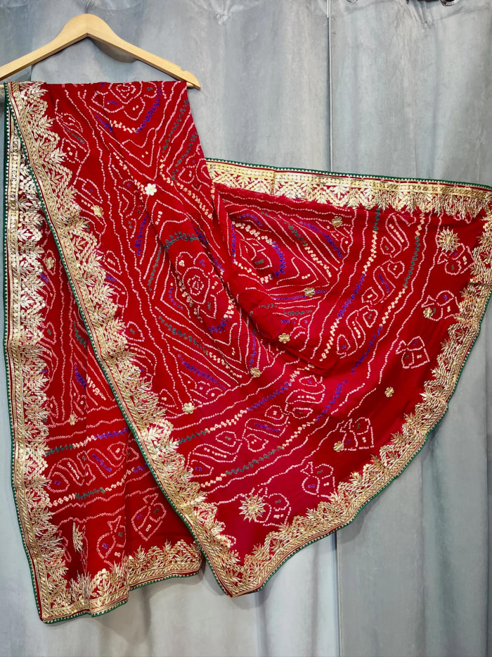 Handcrafted Bandhej Dupatta in Paver Ojariya Crepe Fabric with Authentic Gotta Patti Work