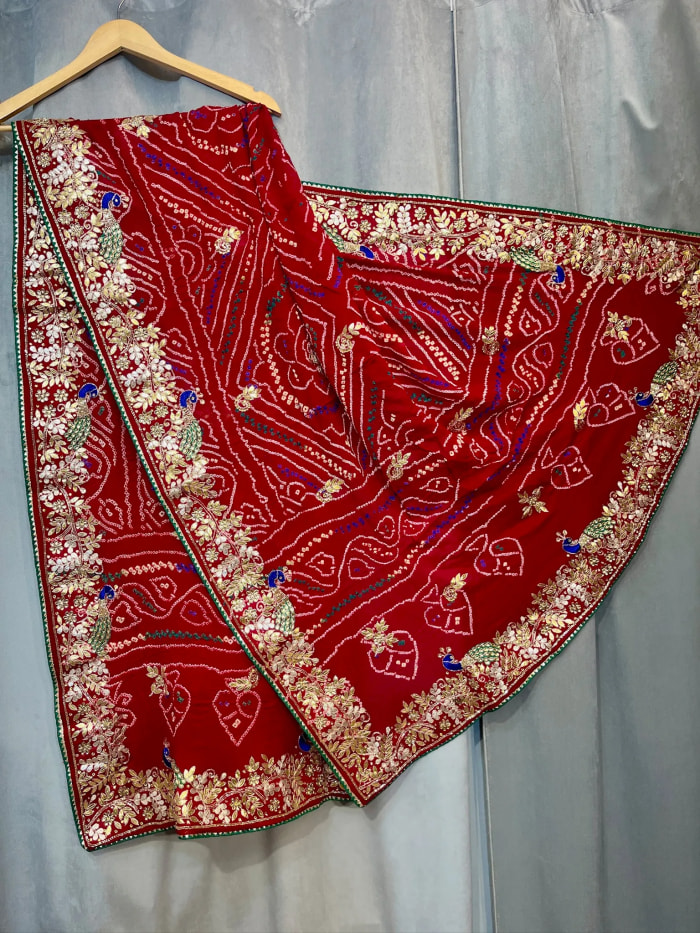 Handmade Bandhej Dupatta in Paver Ojariya Crepe Fabric with Kundan Zardozi & Gotta Patti Work