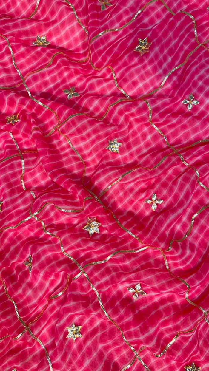 Lehriya Saree in Art Chiffon Fabric with Handmade Kacha Gotta Jaal Work
