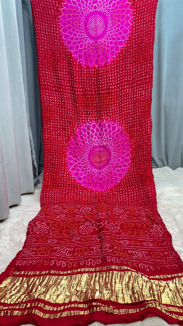 Pure Gaji Silk Saree with Full Fabiyana Hand Bandhej Design