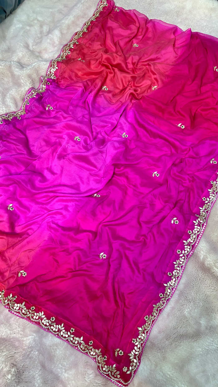 Double Shade Chiffon Saree with Kardana Beadwork and Moti Embellishments