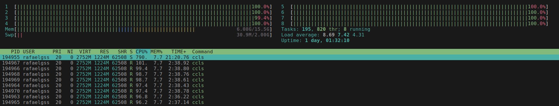 htop showing ccls using all the CPU's