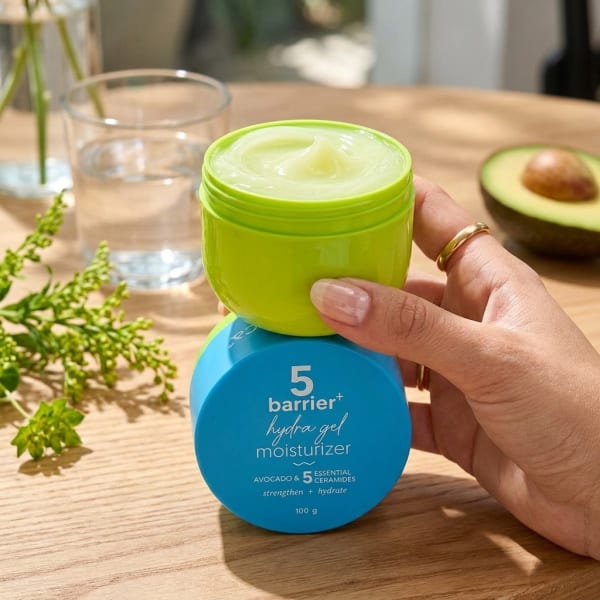 Aqualogica 5 Barrier+ Hydra Gel Moisturizer with Avocado & 5 Essential Ceramides - 100 g held in hand, candid photo