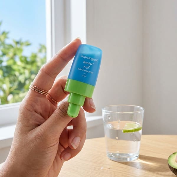 Aqualogica FREEBIE - 5 Barrier+ Milk Fluid Moisturizer - 8 ml held in hand, candid photo