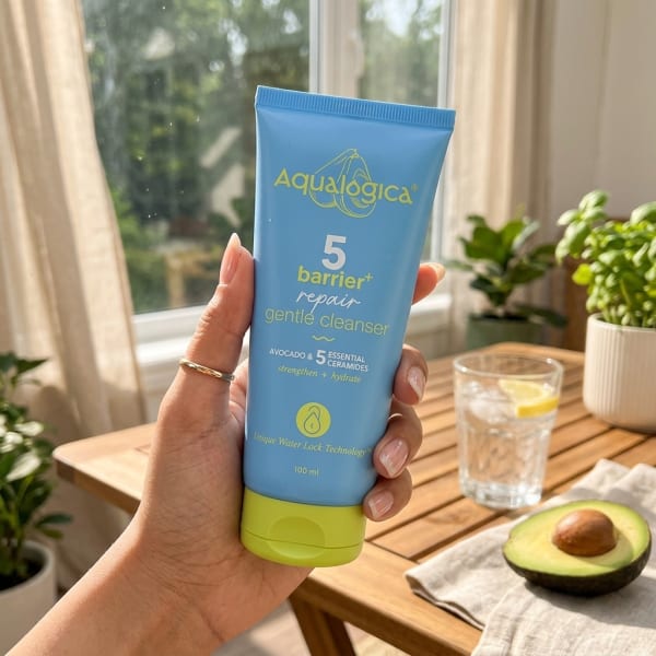 Aqualogica 5 Barrier+ Repair Gentle Cleanser with Avocado & 5 Essential Ceramides - 100 ml held in hand, candid photo