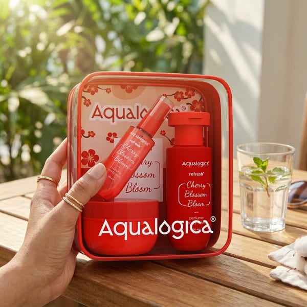 Aqualogica Refresh+ Body Care Set - Cherry Blossom Bloom held in hand, candid photo