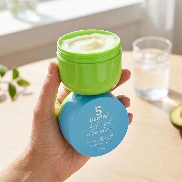 Aqualogica 5 Barrier+ Hydra Gel Moisturizer with Avocado & 5 Essential Ceramides - 200 g held in hand, candid photo