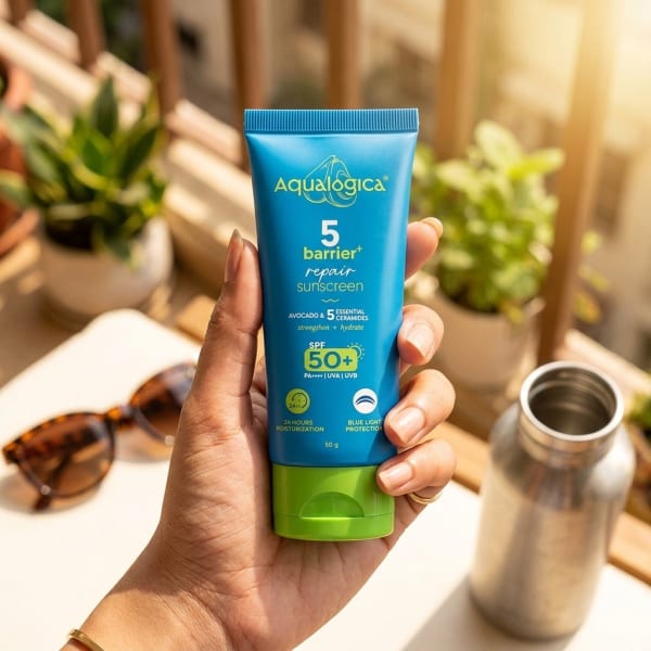 Aqualogica Barrier+ Repair Sunscreen 50g held in hand, candid photo