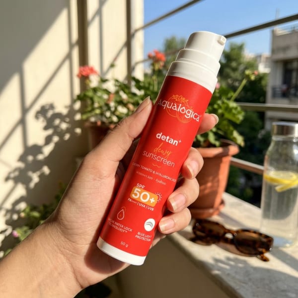 Aqualogica FREEBIE | Detan+ Dewy Sunscreen with SPF 50+ & PA++++ for UVA/B & Blue Light Protection & No White Cast - 50g held in hand, candid photo