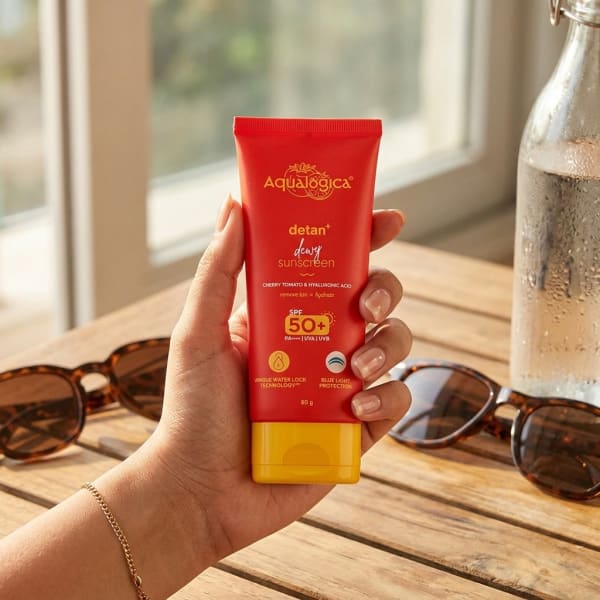 Aqualogica FREEBIE | Detan+ Dewy Sunscreen with SPF 50+ & PA++++ for UVA/B & Blue Light Protection  & No White Cast - 80g held in hand, candid photo