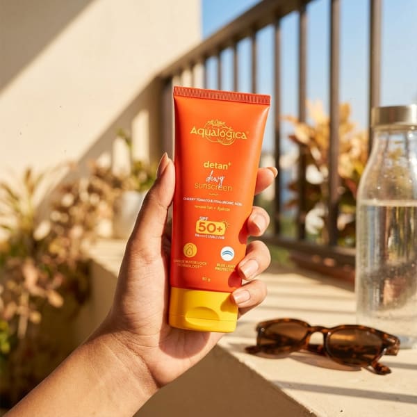 Aqualogica FREEBIE | Detan+ Dewy Sunscreen with SPF 50+ & PA++++ for UVA/B & Blue Light Protection  & No White Cast - 80g held in hand, candid photo