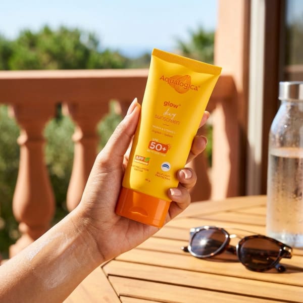 Aqualogica FREEBIE - Glow+ Dewy Sunscreen with SPF 50+ & PA++++ for UVA/B & Blue Light Protection & No White Cast - 80g held in hand, candid photo