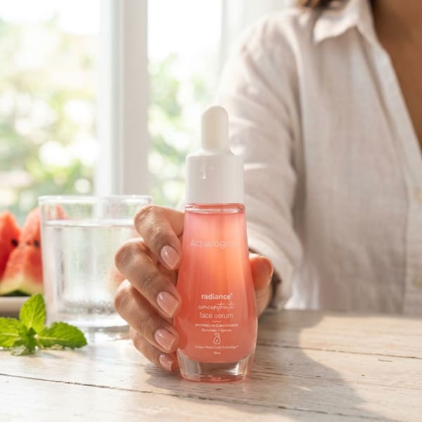 Aqualogica FREEBIE - Radiance+ Concentrate Face Serum 30 ml held in hand, candid photo