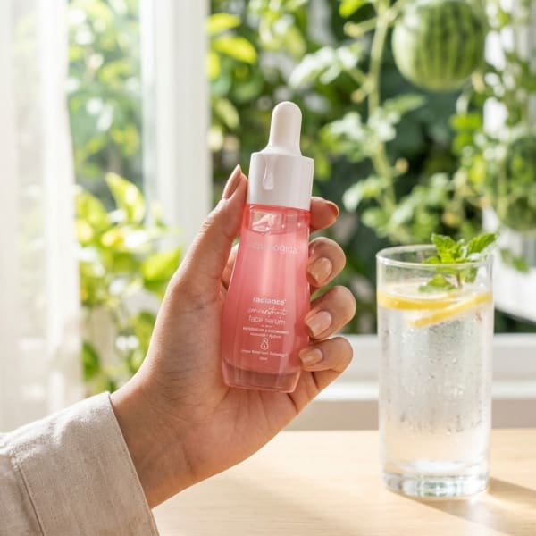 Aqualogica FREEBIE_Radiance+ Concentrate Face Serum - 30 ml held in hand, candid photo
