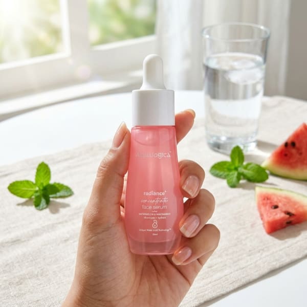 Aqualogica FREEBIE_Radiance+ Concentrate Face Serum - 30 ml held in hand, candid photo