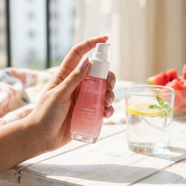 Aqualogica FREEBIE Radiance+ Concentrate Face Serum 30 ml held in hand, candid photo
