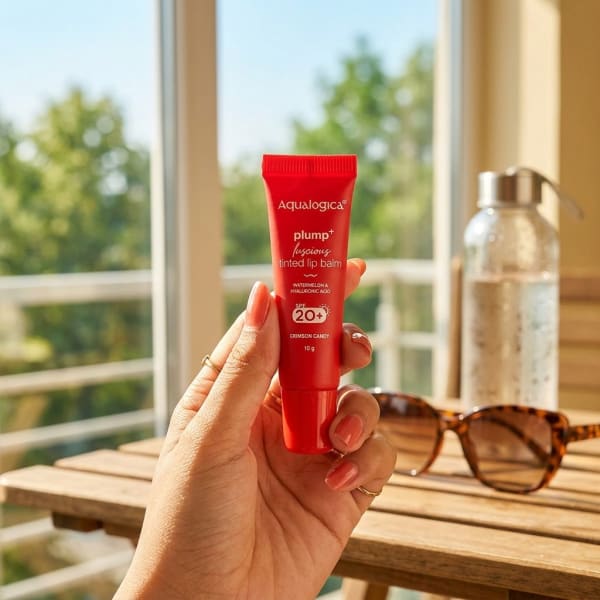 Aqualogica Crimson Candy Plump+ Luscious Tinted SPF 20+ Lip Balm with Watermelon & Hyaluronic Acid - 10g held in hand, candid photo
